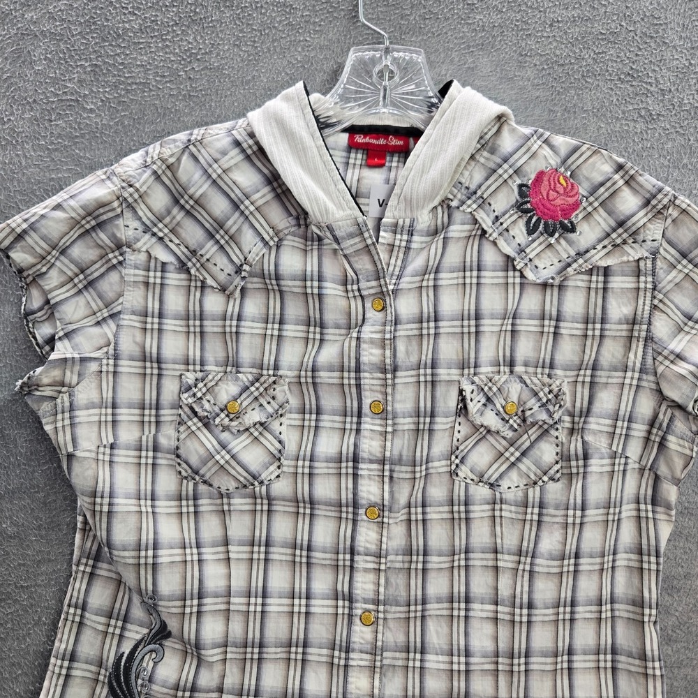 Panhandle Slim Women Top Large Beige Floral Button Up Embroidered Western Hooded - Picture 3 of 8